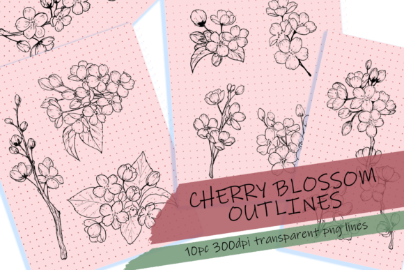 Cherry Blossom Outlines Clipart Set